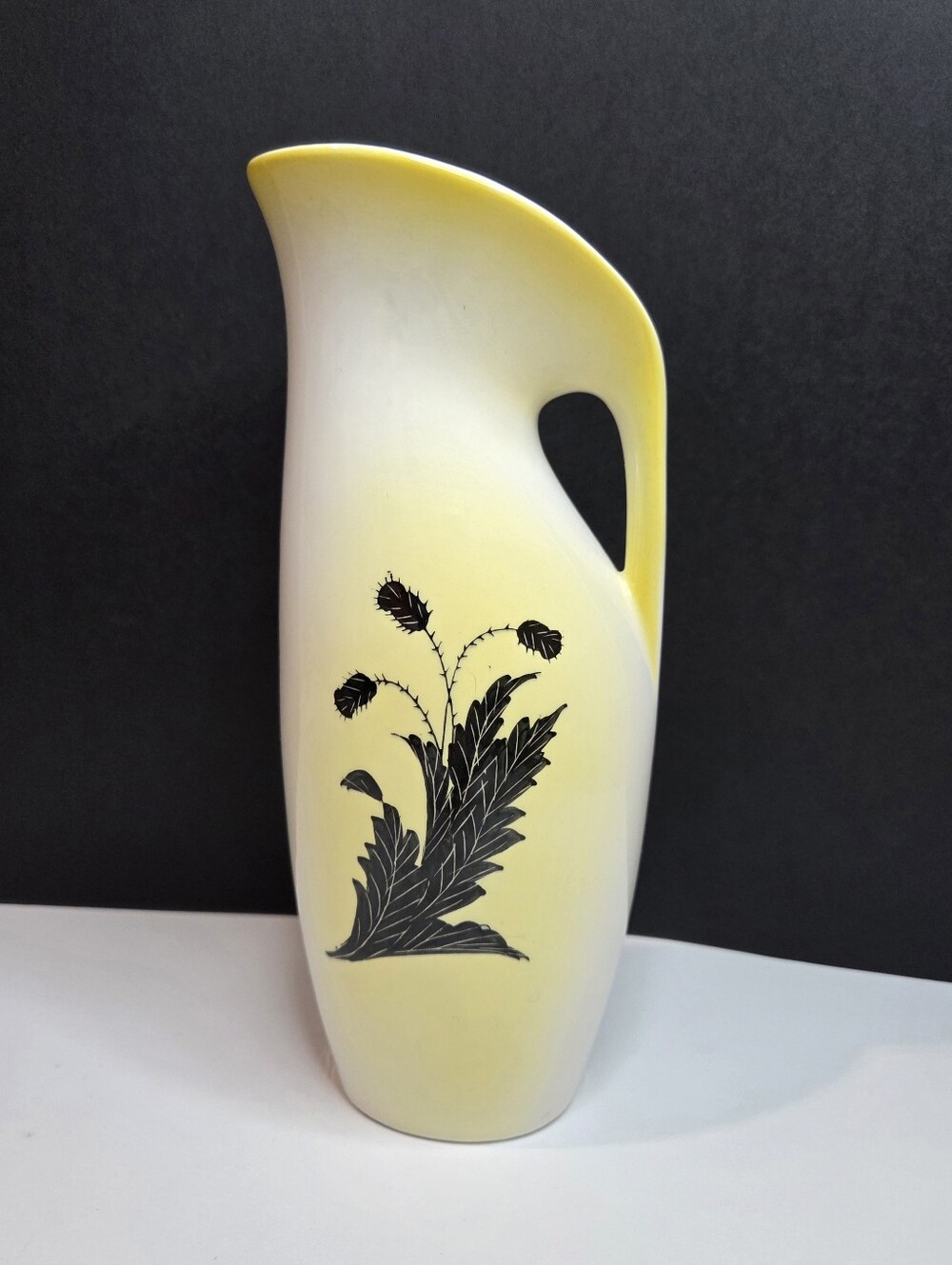 MCM Yellow Ceramic Pitcher Vase Thistle Silhouette Art Deco Jug Unmarked - Flaws